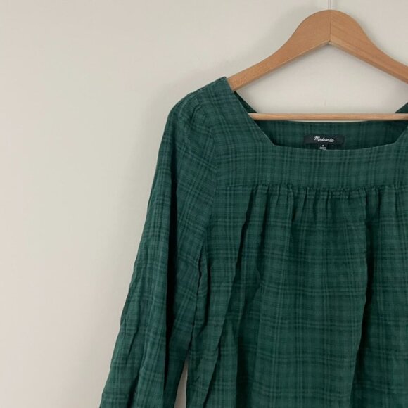 Madewell Plaid Square Neck Peasant Top in Smoky Spruce Size Small - Picture 6 of 6